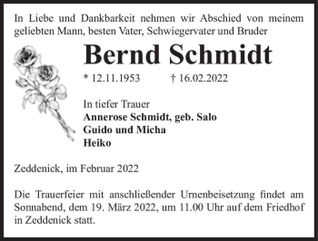 Traueranzeige von Bernd Schmidt  von Magdeburger Volksstimme