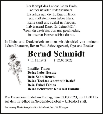 Traueranzeige von Bernd Schmidt  von Magdeburger Volksstimme