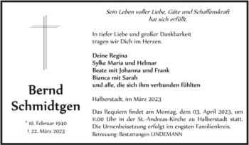Traueranzeige von Bernd Schmidtgen  von Magdeburger Volksstimme