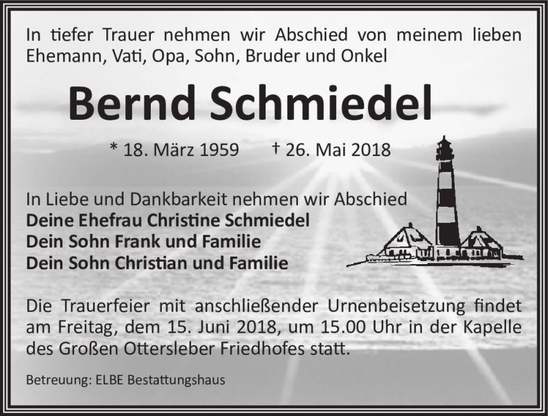  Traueranzeige für Bernd Schmiedel  vom 02.06.2018 aus Magdeburger Volksstimme