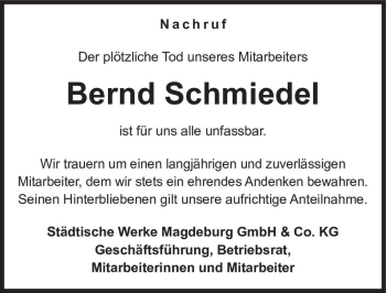 Traueranzeige von Bernd Schmiedel  von Magdeburger Volksstimme