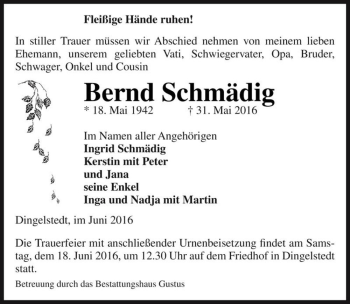 Traueranzeige von Bernd Schmädig  von Magdeburger Volksstimme