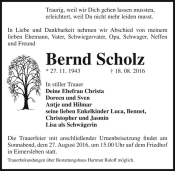Traueranzeige von Bernd Scholz  von Magdeburger Volksstimme