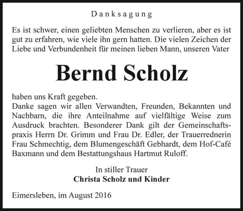  Traueranzeige für Bernd Scholz  vom 06.09.2016 aus Magdeburger Volksstimme