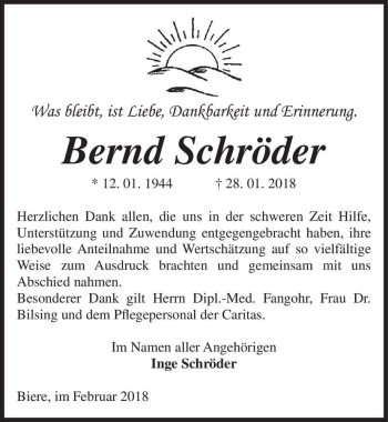 Traueranzeige von Bernd Schröder  von Magdeburger Volksstimme