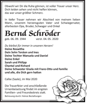 Traueranzeige von Bernd Schröder  von Magdeburger Volksstimme