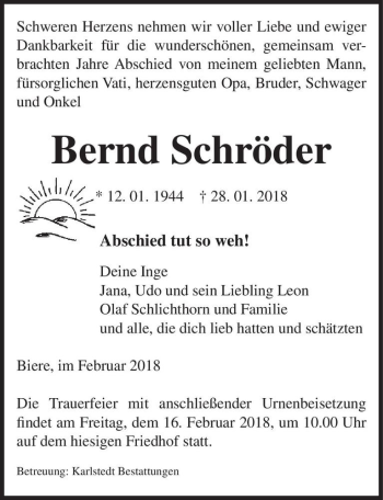 Traueranzeige von Bernd Schröder  von Magdeburger Volksstimme