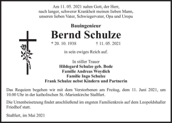 Traueranzeige von Bernd Schulze  von Magdeburger Volksstimme