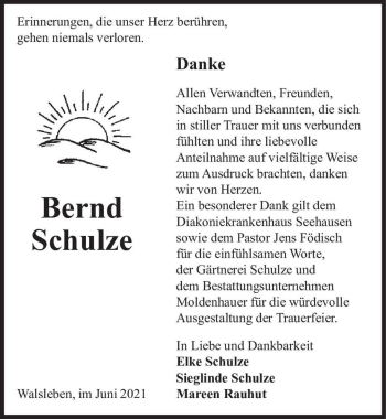 Traueranzeige von Bernd Schulze  von Magdeburger Volksstimme