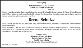 Traueranzeige von Bernd Schulze  von Magdeburger Volksstimme