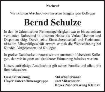 Traueranzeige von Bernd Schulze  von Magdeburger Volksstimme