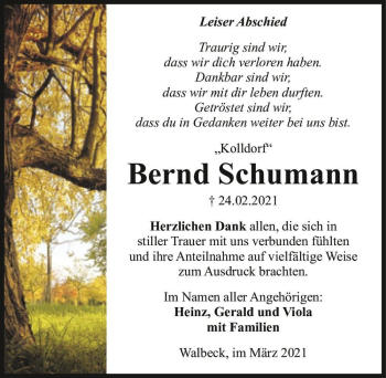 Traueranzeige von Bernd Schumann ,,Kolldorf