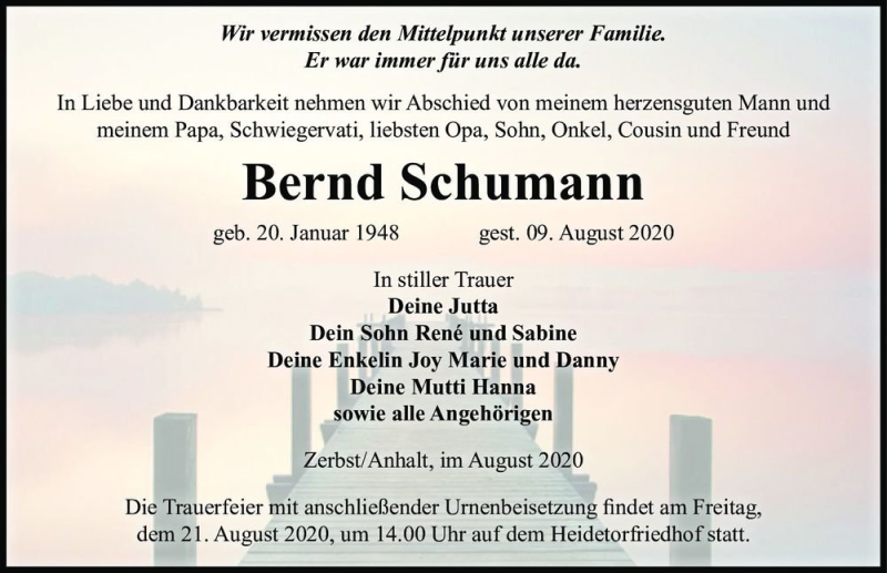  Traueranzeige für Bernd Schumann  vom 15.08.2020 aus Magdeburger Volksstimme