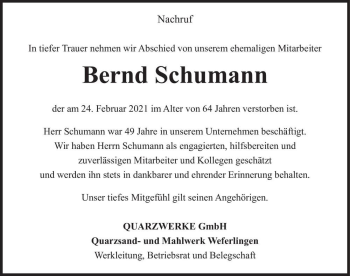 Traueranzeige von Bernd Schumann  von Magdeburger Volksstimme
