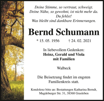 Traueranzeige von Bernd Schumann  von Magdeburger Volksstimme