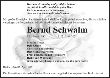 Traueranzeige von Bernd Schwalm  von Magdeburger Volksstimme