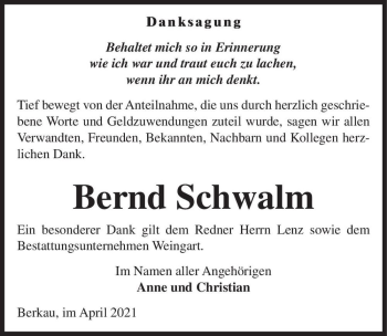 Traueranzeige von Bernd Schwalm  von Magdeburger Volksstimme