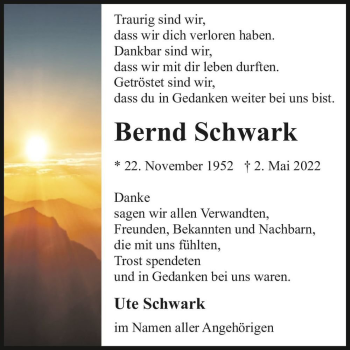 Traueranzeige von Bernd Schwark  von Magdeburger Volksstimme