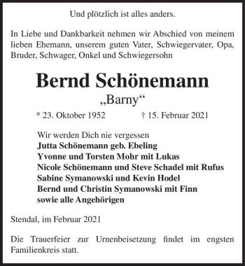 Traueranzeige von Bernd Schönemann 