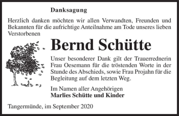 Traueranzeige von Bernd Schütte  von Magdeburger Volksstimme
