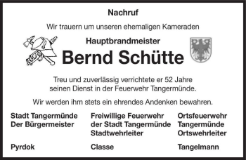 Traueranzeige von Bernd Schütte  von Magdeburger Volksstimme