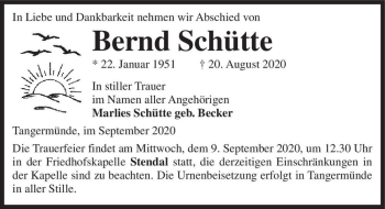 Traueranzeige von Bernd Schütte  von Magdeburger Volksstimme
