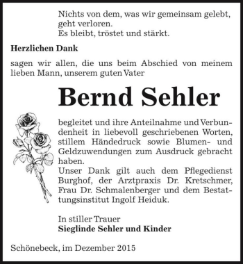 Traueranzeige von Bernd Sehler  von Magdeburger Volksstimme