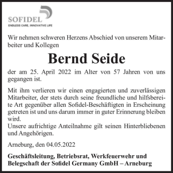 Traueranzeige von Bernd Seide  von Magdeburger Volksstimme