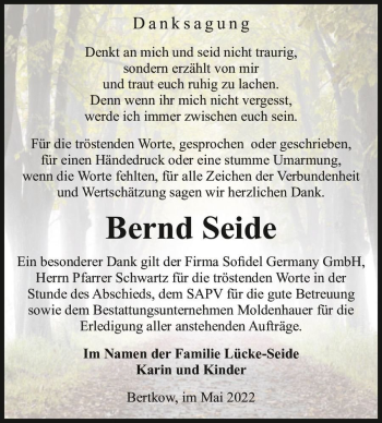 Traueranzeige von Bernd Seide  von Magdeburger Volksstimme