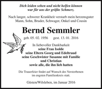 Traueranzeige von Bernd Semmler  von Magdeburger Volksstimme