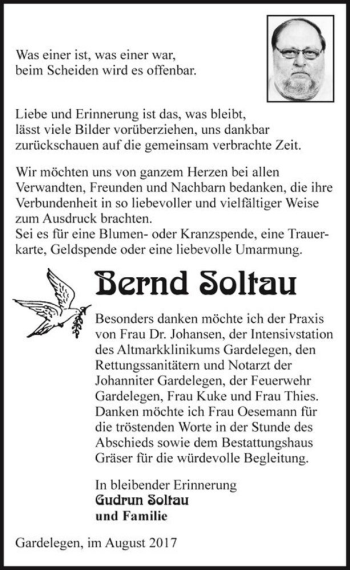 Traueranzeige von Bernd Soltau  von Magdeburger Volksstimme
