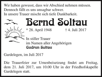 Traueranzeige von Bernd Soltau  von Magdeburger Volksstimme