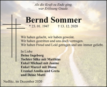 Traueranzeige von Bernd Sommer  von Magdeburger Volksstimme