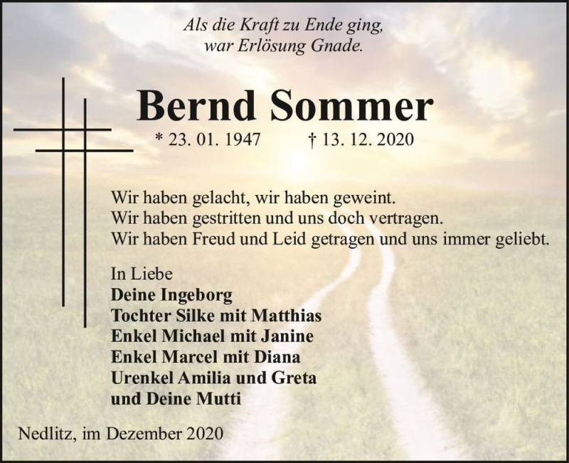  Traueranzeige für Bernd Sommer  vom 19.12.2020 aus Magdeburger Volksstimme