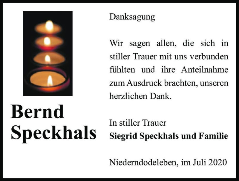  Traueranzeige für Bernd Speckhals  vom 01.08.2020 aus Magdeburger Volksstimme