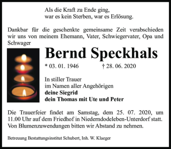 Traueranzeige von Bernd Speckhals  von Magdeburger Volksstimme