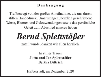 Traueranzeige von Bernd Splettstößer  von Magdeburger Volksstimme