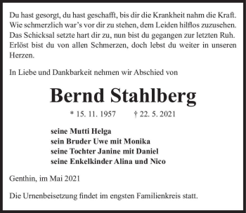 Traueranzeige von Bernd Stahlberg  von Magdeburger Volksstimme