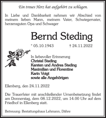 Traueranzeige von Bernd Steding  von Magdeburger Volksstimme
