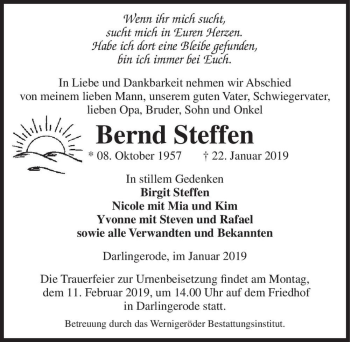 Traueranzeige von Bernd Steffen  von Magdeburger Volksstimme