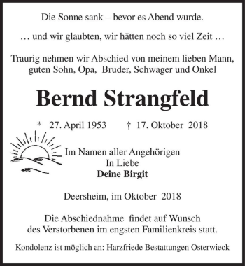 Traueranzeige von Bernd Strangfeld  von Magdeburger Volksstimme