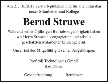 Traueranzeige von Bernd Struwe  von Magdeburger Volksstimme