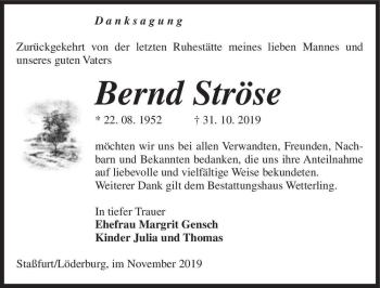 Traueranzeige von Bernd Ströse  von Magdeburger Volksstimme