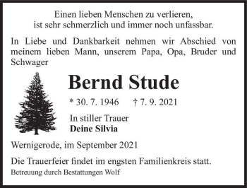 Traueranzeige von Bernd Stude  von Magdeburger Volksstimme
