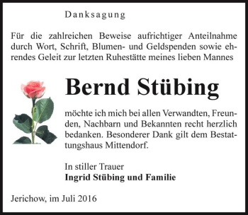 Traueranzeige von Bernd Stübing  von Magdeburger Volksstimme