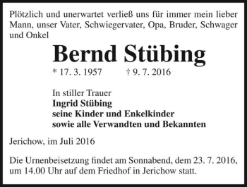 Traueranzeige von Bernd Stübing  von Magdeburger Volksstimme