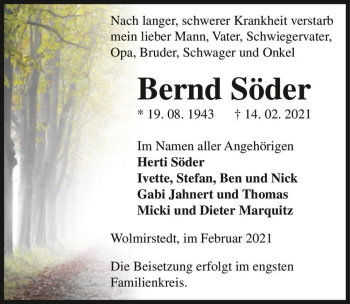 Traueranzeige von Bernd Söder  von Magdeburger Volksstimme