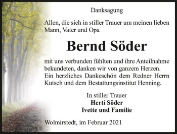 Traueranzeige von Bernd Söder  von Magdeburger Volksstimme