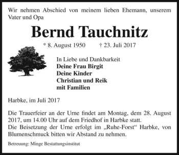 Traueranzeige von Bernd Tauchnitz  von Magdeburger Volksstimme