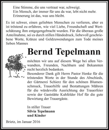 Traueranzeige von Bernd Tepelmann  von Magdeburger Volksstimme